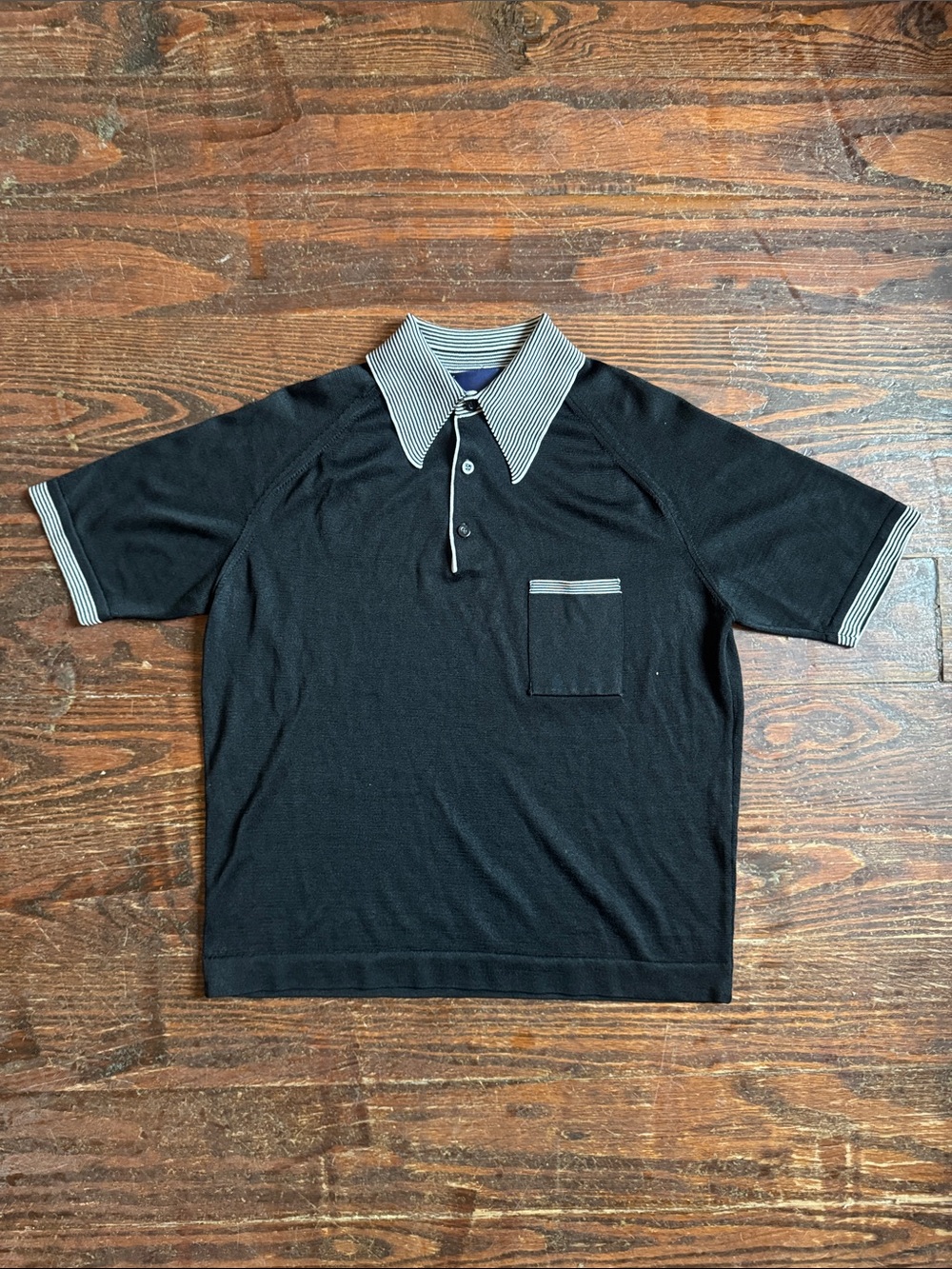 Vintage 70’s Black Polo Shirt with Striped Collar XL